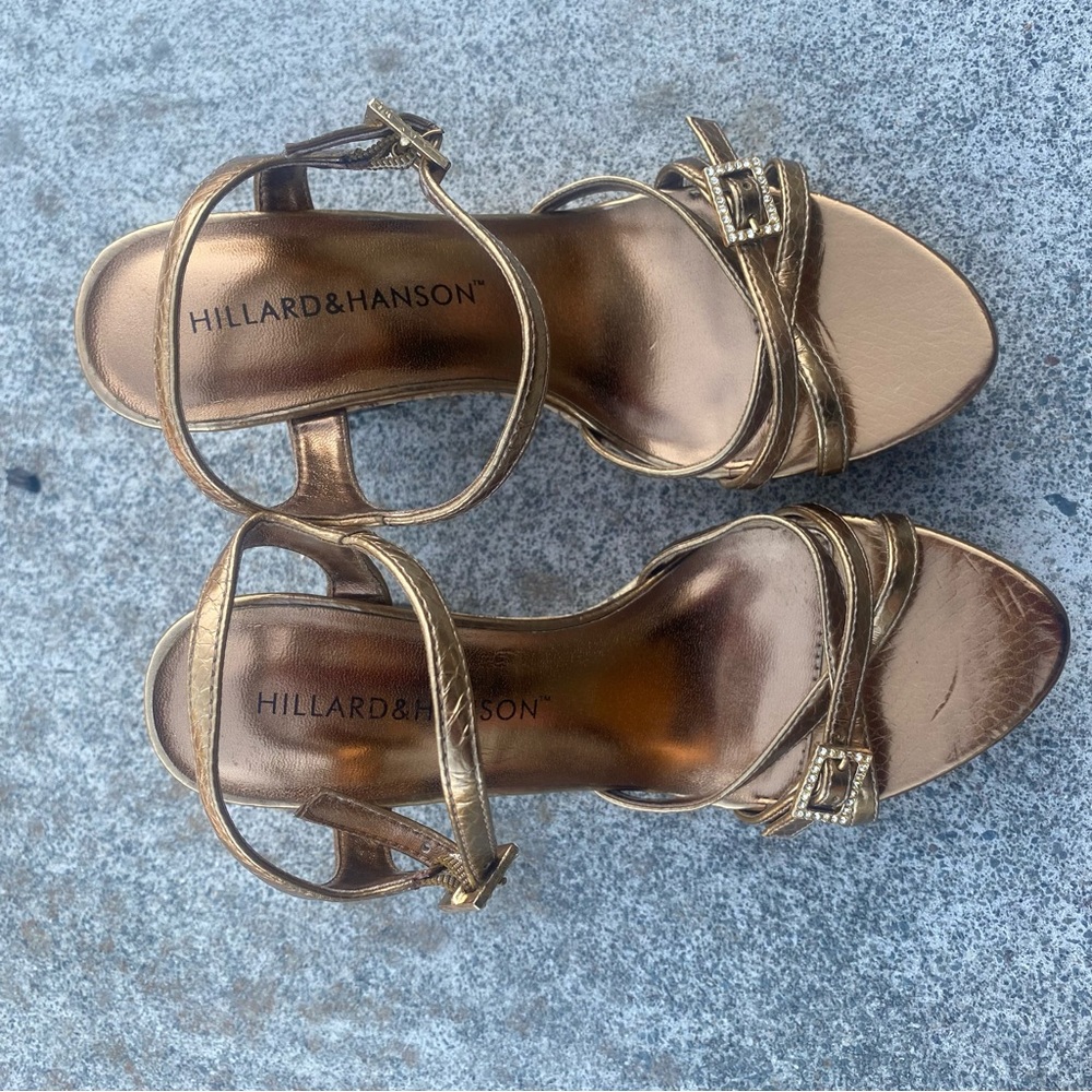 Hillard & Hanson women’s size 5.5 gold 4” cork wedge open toe slingback